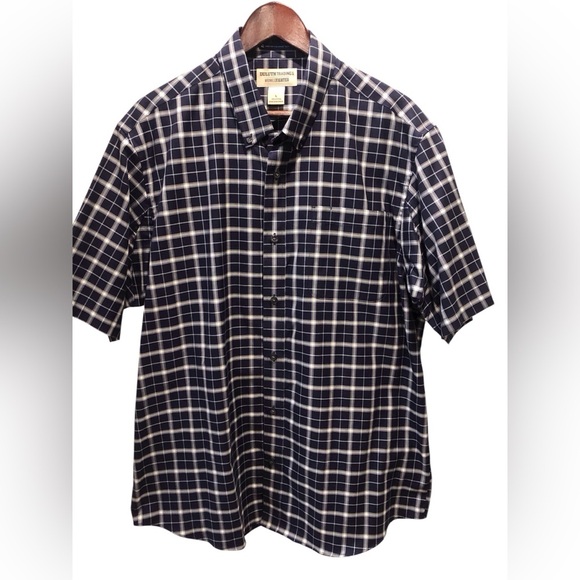 Duluth Trading Co Men's Large Navy White Checkered Shirt Button Down S/S Pocket - Picture 1 of 5